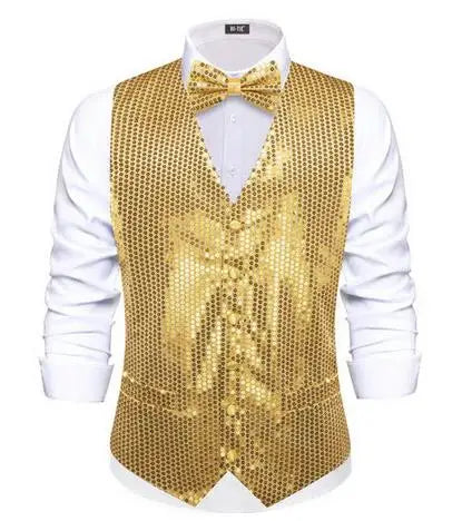 Elegant Sparkling Sequin Vest & Bow Tie Set – 3 Bold Color Choices for Party, Disco, Stage Wedding Guest Outfits Qme MJTZ3240 L