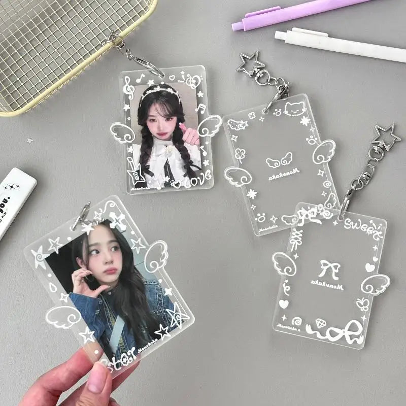 Clear Acrylic Photocard Holder Adorable Wing Print Star Keychain Portable for Fans Backpack Hanging Decor Gift Qme