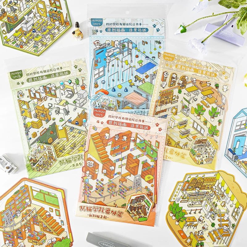 2.9D Landscape Sticker Cartoon Cabin Scene DIY Sticker Stacking Pasting Festival Birthday Gift for Kid Child Qme