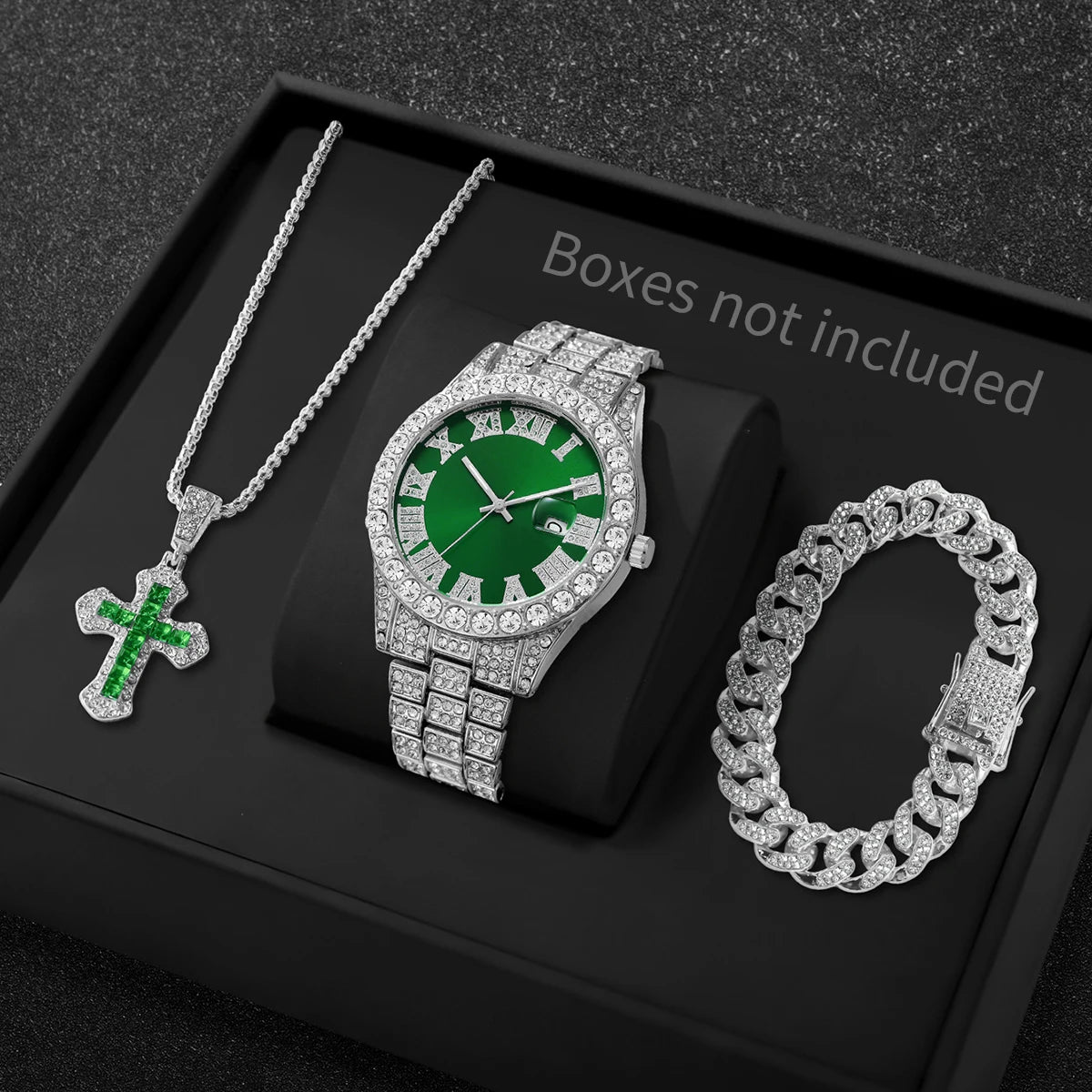 3Pcs/Set Men's Silver Iced Out Jewelry Set, Blue Dial Quartz Watch + Cuban Bracelet + Blue Cross Pendant Necklace, Qme Silver Green No Box