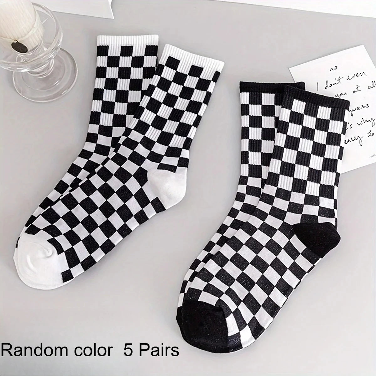 2Pairs Black White Checkerboard Crew Socks Unisex Cotton Breathable Streetwear Skateboard Casual Socks For Men Women Qme One Size Random color 5 Pairs