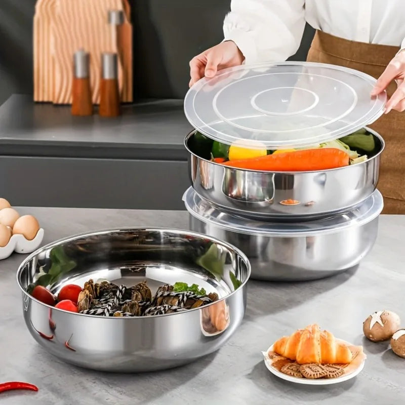 1pc- Rust-Resistant Stainless Steel Large Mixing Bowl with Lid | Deep & Wide, Ideal for Dough Kneading, Vegetable Washing Qme
