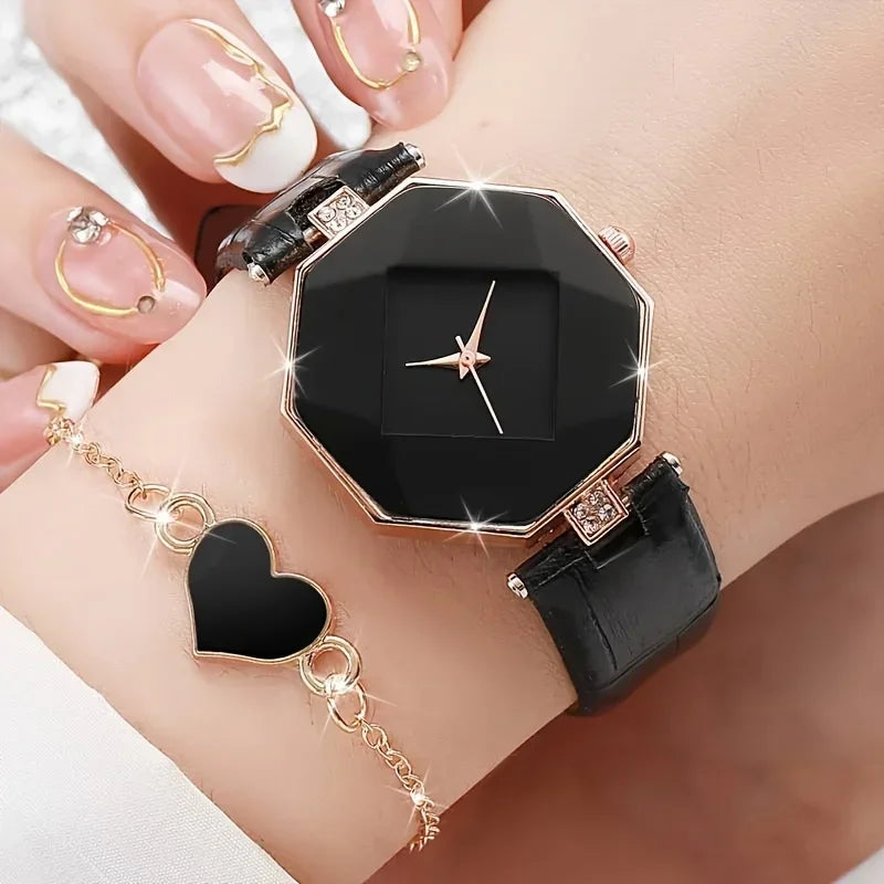 Women's Polygon Quartz Watch Pointer Quartz Watch Analog PU Leather Wrist Watch & Heart Bracelet Gift For Her Qme