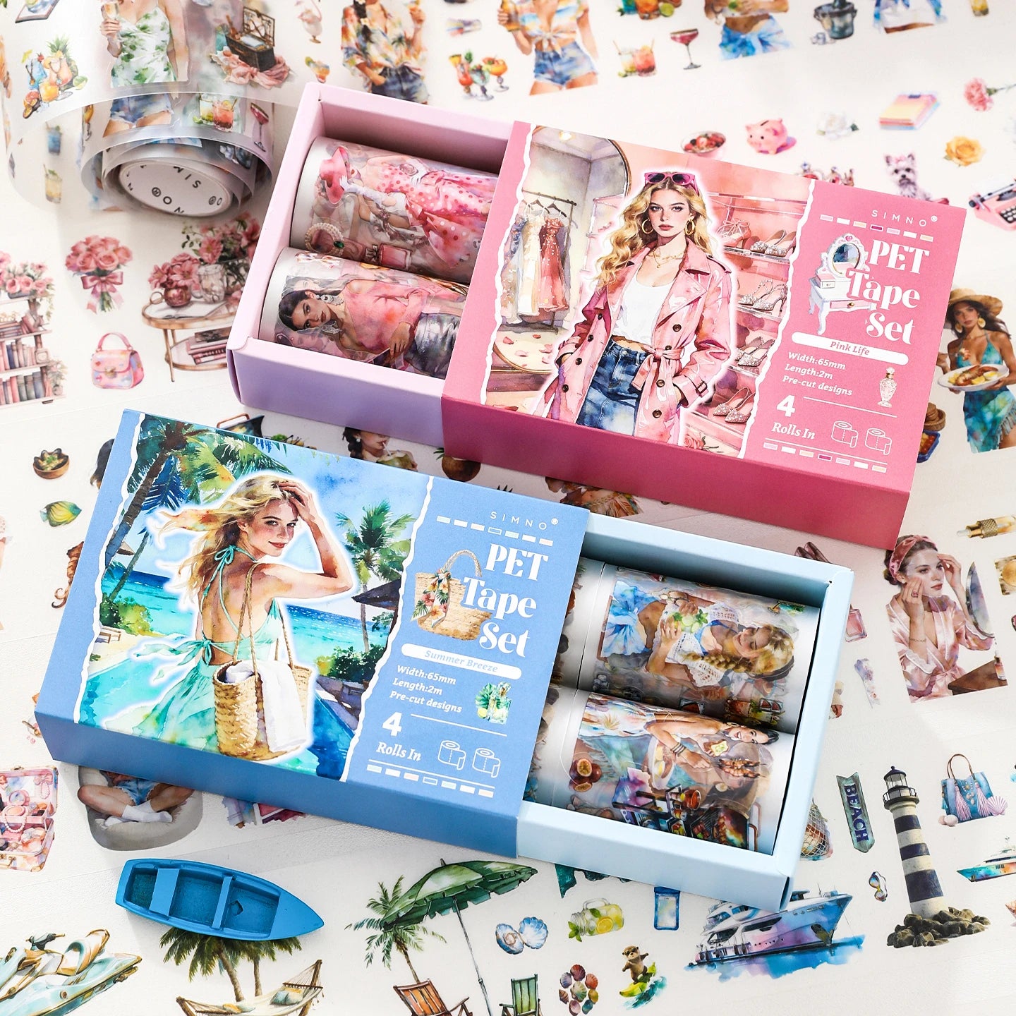 TIANZI 4Rolls/200cm PET Washi Tape Retro American Summer Theme Decorative Tape Set for Travel Lovers Diary Aesthetic Stationery Qme AB-8 Rolls Die cutting tape