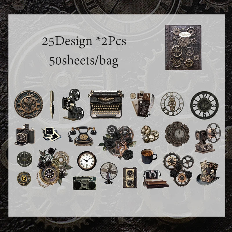 50 Sheets/Bag Vintage Retro Steampunk Birds Stickers Pack DIY Scrapbooking Journal Decals for Phone Case Notebook Decoration Qme 2
