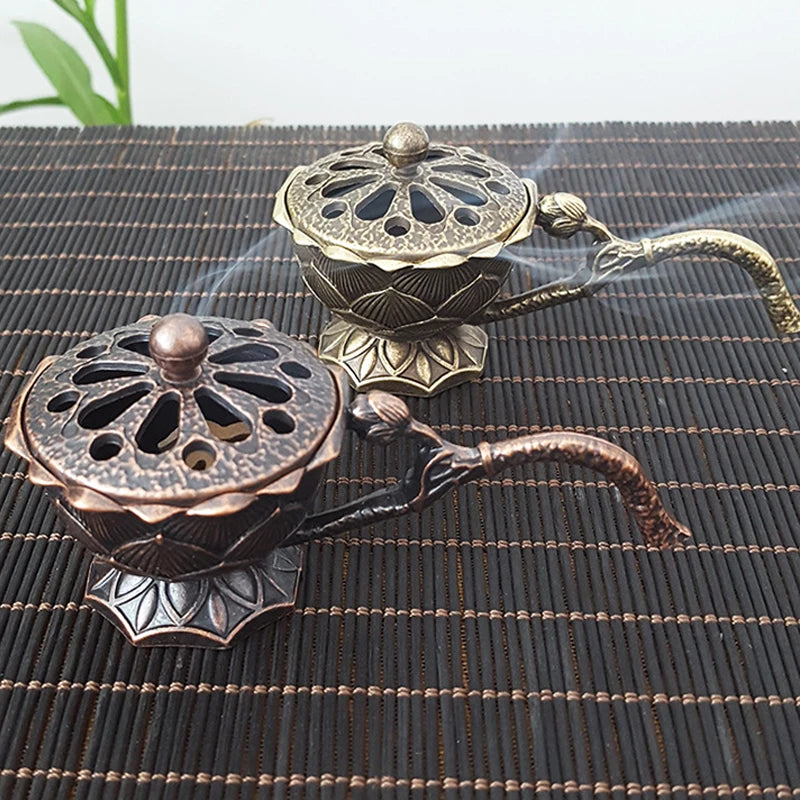 Meditation Home Decor Ancient Alloy Incense Burner Metal Lotus Bowl Qme