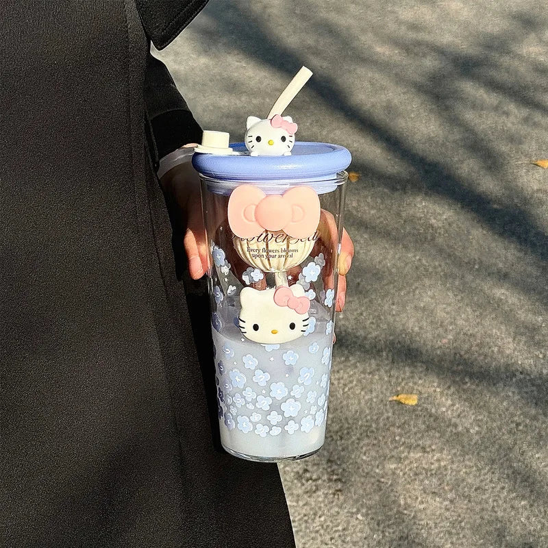 Hello Kitty-Style Cherry Blossom Glass Cup—Stylish for Women, Heat-Resistant Tea Cup, Large-Capacity Office Cup with Straw Qme