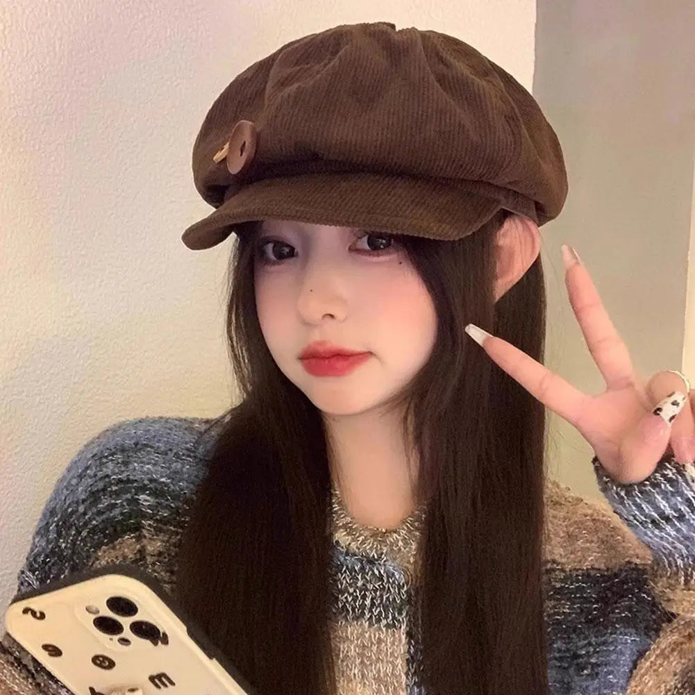 Retro Button Corduroy Octagonal Cap For Women Painter Artist Hat Japanese Girls Brown Peaked Caps Autumn Winter Berets Qme