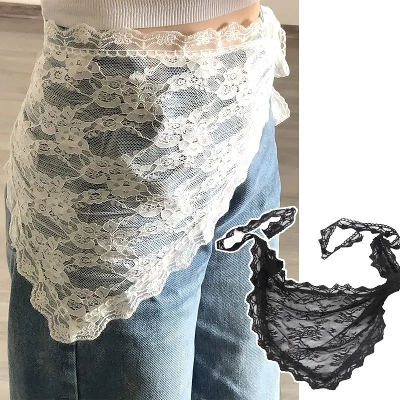 Y2K Women Lace Flower Elegant Skirt Stacked Belt Flower Sweet Triangle Scarf Breathable Travel Photo Headband Turban Accessories Qme