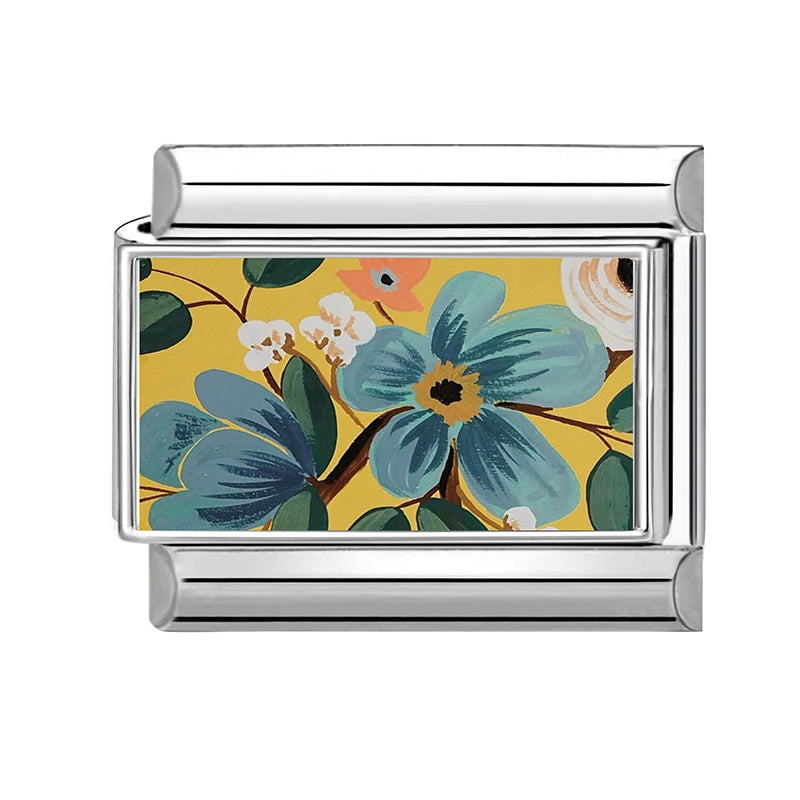 Fashion Oil Painting Green Background Color Flowers Italian Charm Links Fit 9mm Stainless Steel Bracelet Jewelry DIY Making Bead Qme Style 2