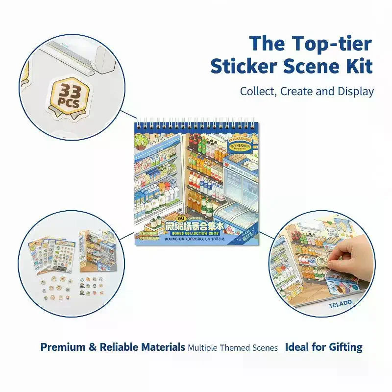 Miniature Scene Sticker Book – 10 Simulated Shop Themes with Non-Bleed Ink, Perfect for DIY Craft & Creative Play Activities Qme
