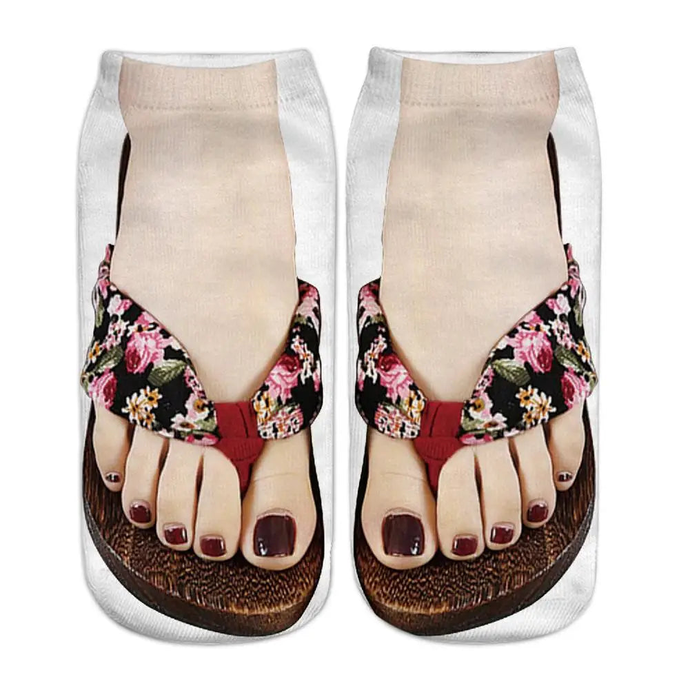 Fashion Canvas Flip Flop Shoes Cotton Socks 3D Printed Skeleton Summer Funny Kawaii Skull Foot Low Cut Ankle Socks For Women Sox Qme F One Size