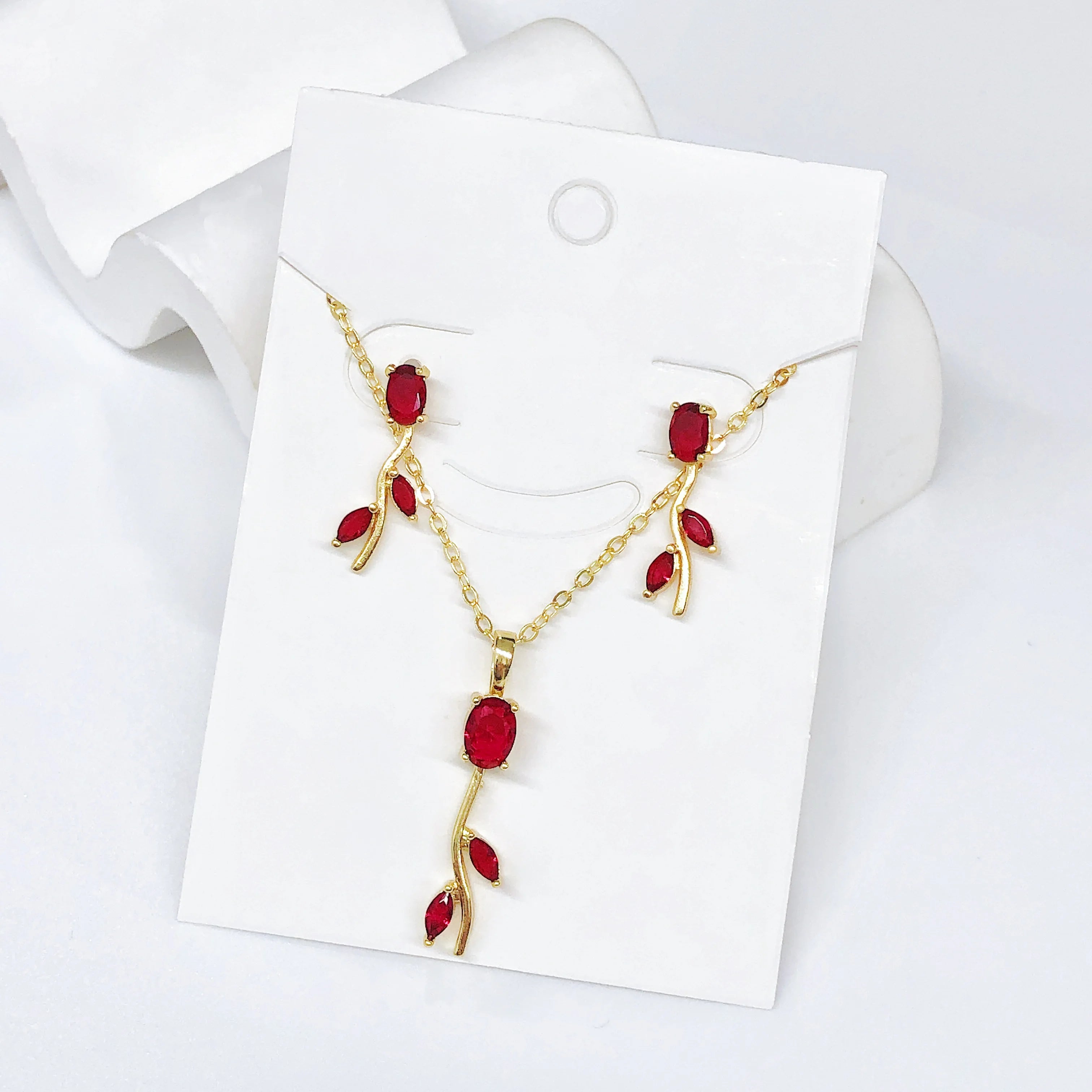2PC Fashion Red/Green/Pink/Blue Rose Flower Crystal Necklace Earrings Jewelry Set for Women Romantic Wedding Bridal Jewelry Gift Qme Jewelry Set 1