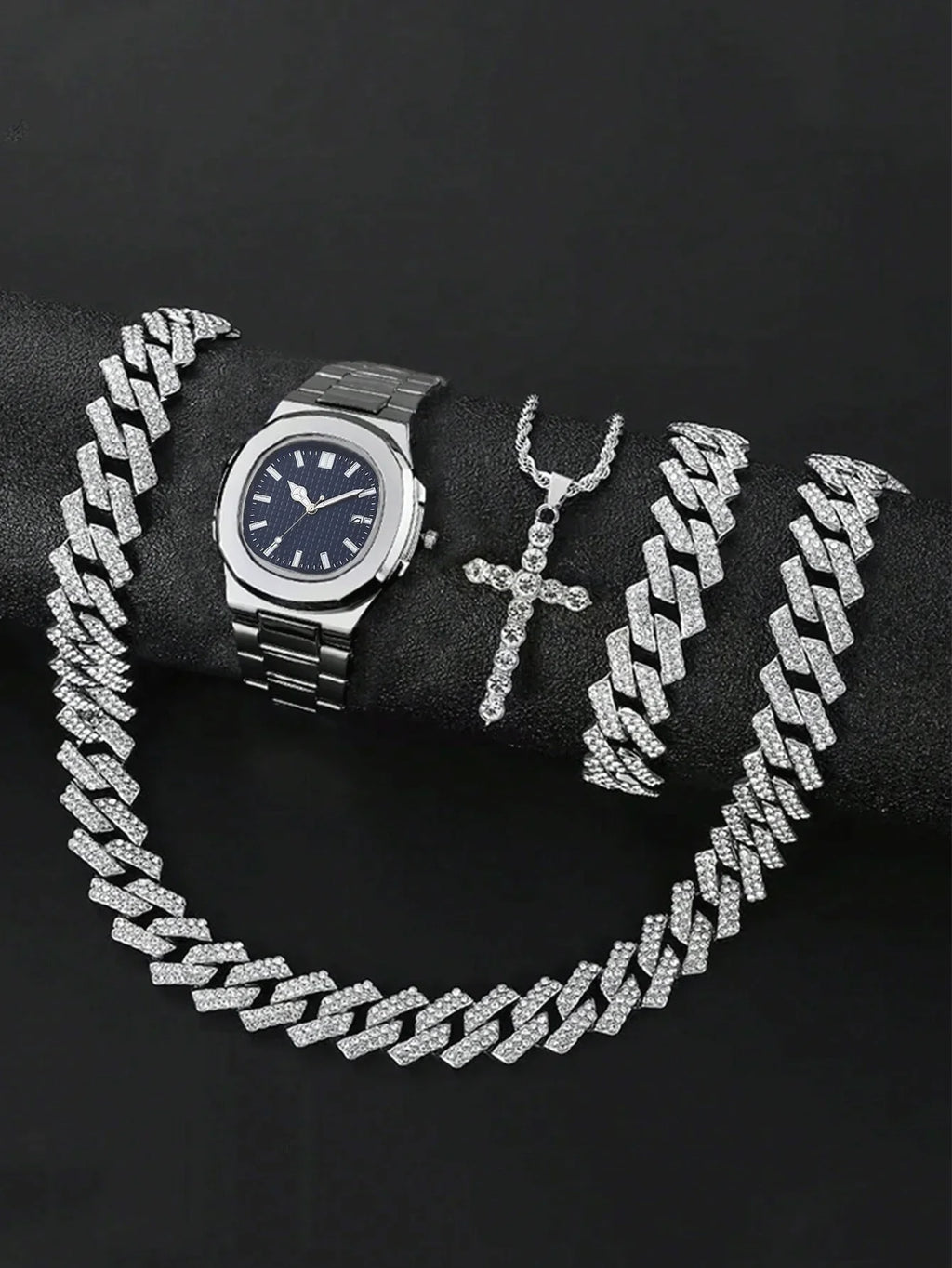 Men's Bling Jewelry Set: Silver Iced Out Watch + Cuban Link Chain + Bracelet + Cross Pendant Necklace, 4Pcs Hip Hop Set Qme Blue No
