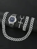 Men's Bling Jewelry Set: Silver Iced Out Watch + Cuban Link Chain + Bracelet + Cross Pendant Necklace, 4Pcs Hip Hop Set Qme Blue No