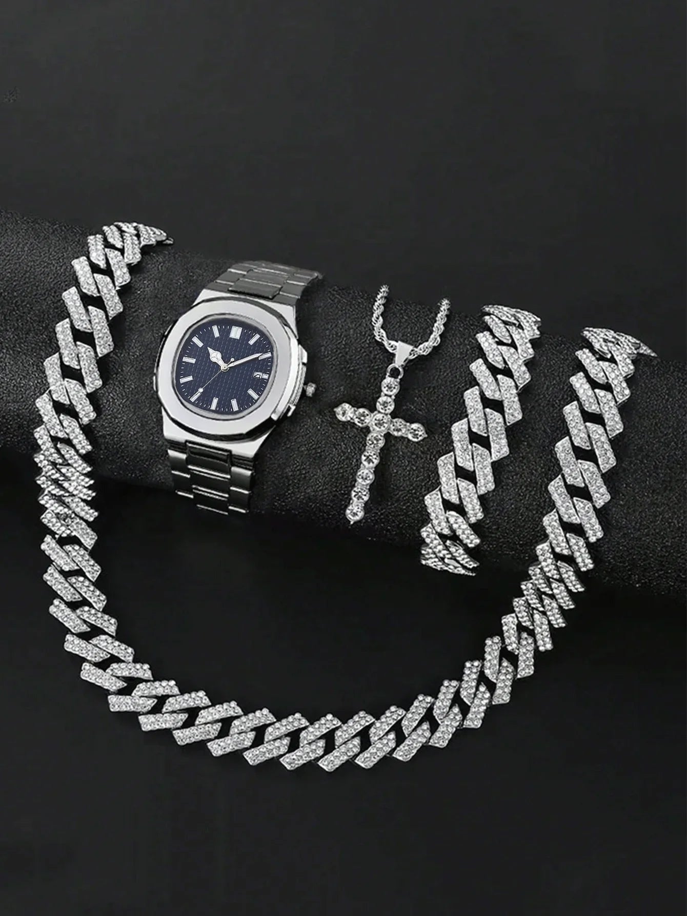 Men's Bling Jewelry Set: Silver Iced Out Watch + Cuban Link Chain + Bracelet + Cross Pendant Necklace, 4Pcs Hip Hop Set Qme Blue No