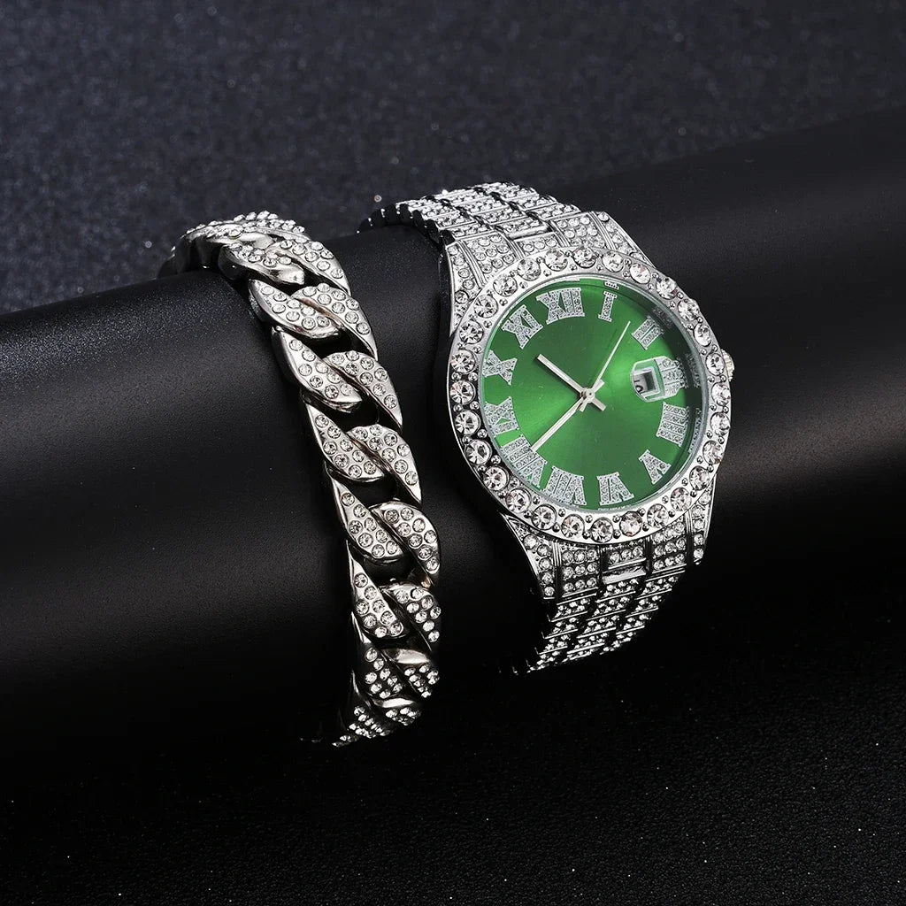 Iced Out Watch Men Luxury Brand Full Diamond Mens Watches AAA CZ Quartz Men's Watch Waterproof Hip Hop Male Clock Gift for Men Qme Silver Green Set
