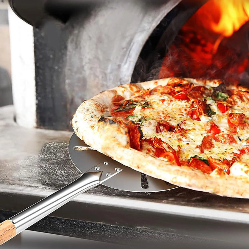 9inch Pizza Turning Peel Lightweight Stainless Steel Perforated Pizza Peel Metal Pizza Turner Peel with 2 Wooden Long Handle Qme