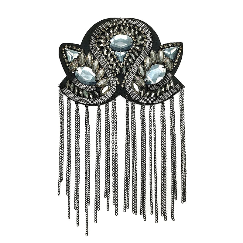 Epaulette Brooch Pin Bead Long Tassel Chain Electroplating Decor DIY Men Women Bling Epaulette Clothing Shoulder Jewelry Qme Gray