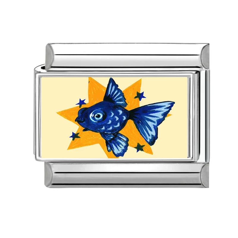 Fashion Blue Series Cartoon Shark Sea Seagull Crab Italian Charm Links Fit 9mm Stainless Steel Bracelet Jewelry DIY Making Beads Qme Style 3