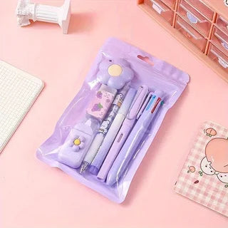 7PCS Cream Color Cute Stationery Set for School, Christmas Student Gift, Kawaii Writing Supplies with Notebook Pen Qme PURPLE