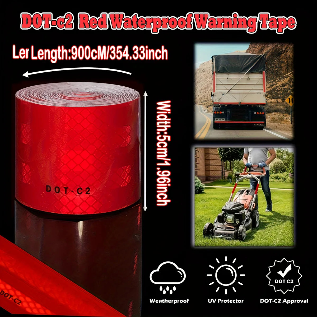 Red DOT-C2 Reflective Tape Waterproof Vehicle Safety Sticker Conspicuous Truck Strip Sheeting Sticky for Trucks Qme 5cmX900CM