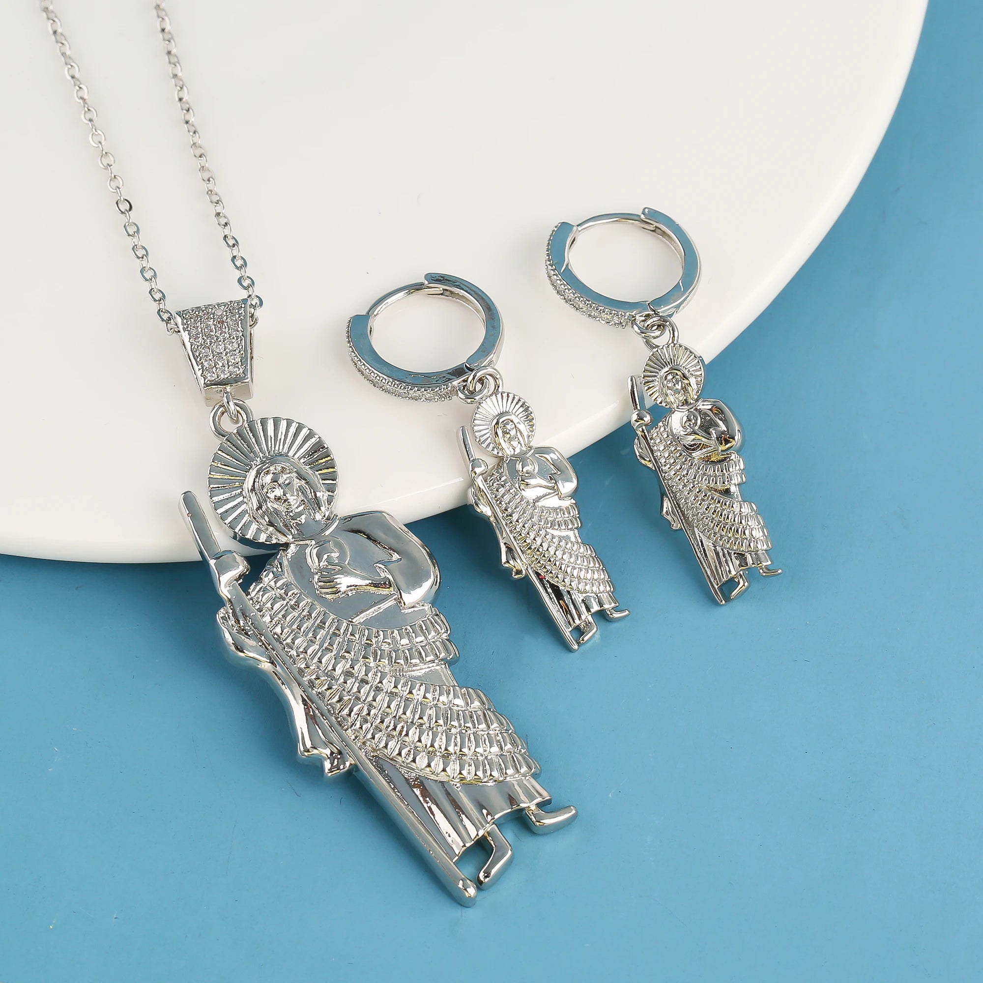3PCS Religious San Judas Jewelry Set Necklace Earrings Simple for Woman Girl Party Wedding Zirconia Jewelry Gift Daily Wear Qme Jewelry Set 4