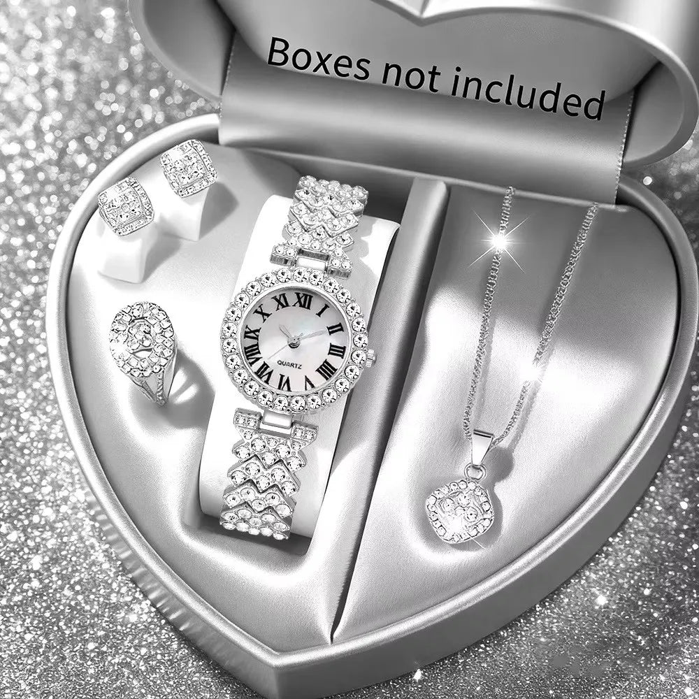 2026 Fashion Roman pattern diamond inlaid women's watch quartz watch bracelet women's watch set Qme Silver A No Box
