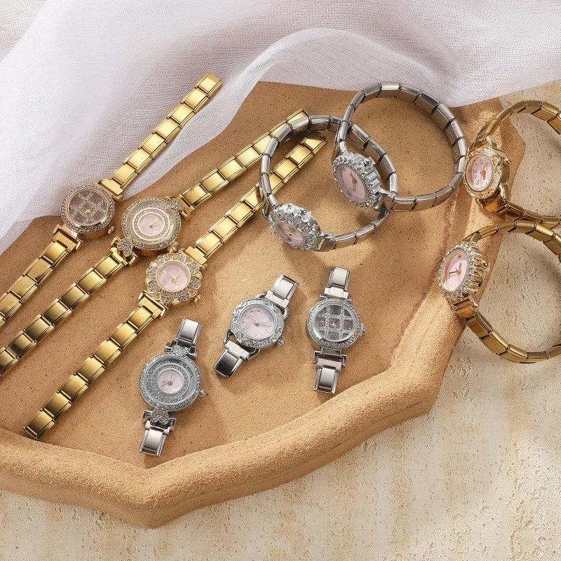 New High Quality Italian Charm Shiny Round Elastic Watch Fit 9mm Width Bracelets Bangle for Party Birthday Daily DIY Making Gift Qme