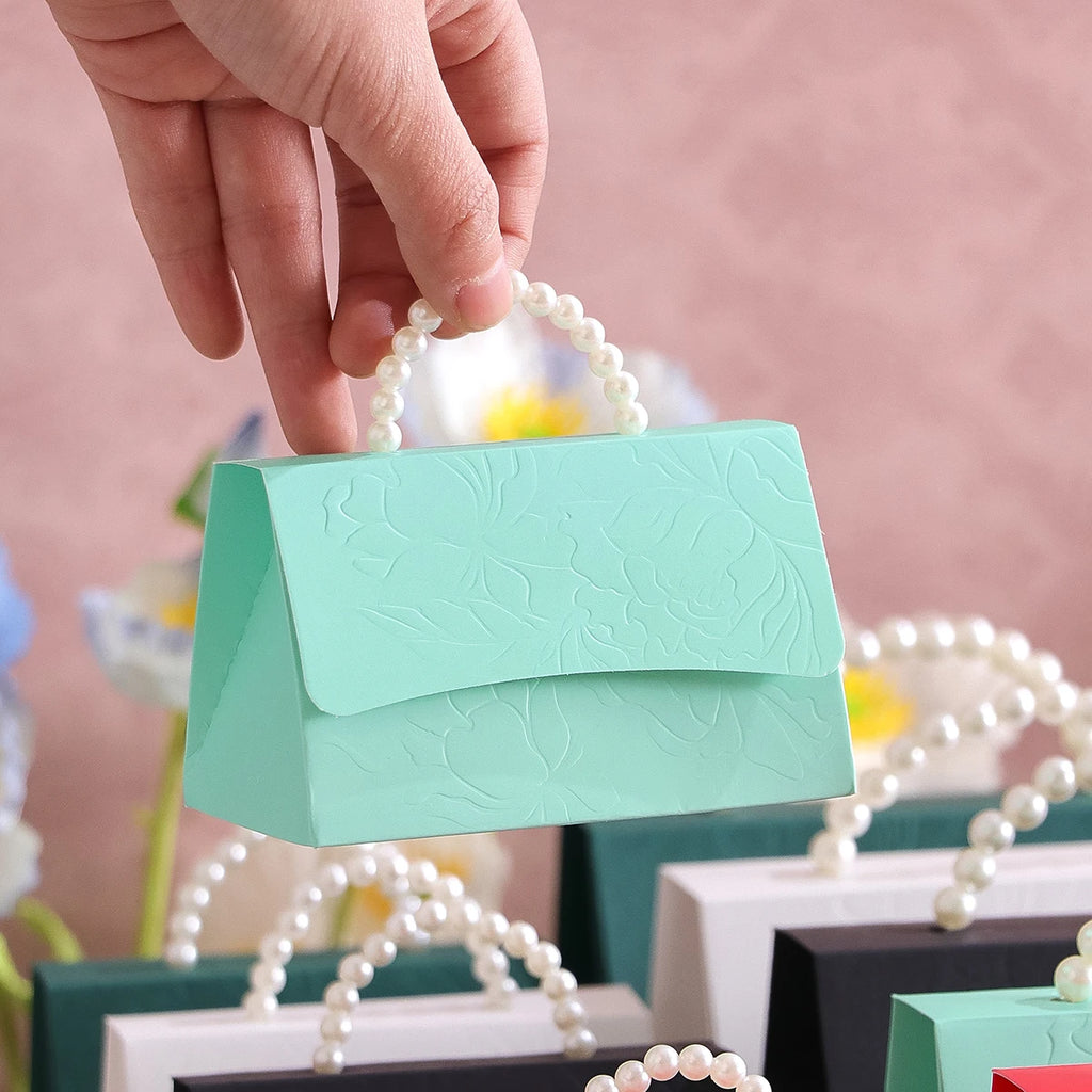 Set of 5 Luxurious Wedding Mini Gift Boxes with Letterpress Floral Design and Simulated Pearl Handles, Elegant Gift Boxes for Us Qme