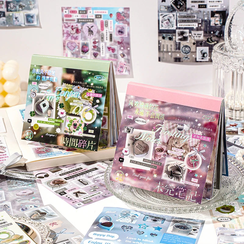 30 Sheets Cute Die-Cut Sticker Book - Hand account Decoration Scrapbooking Decals for Junk Journals & DIY Crafting Qme