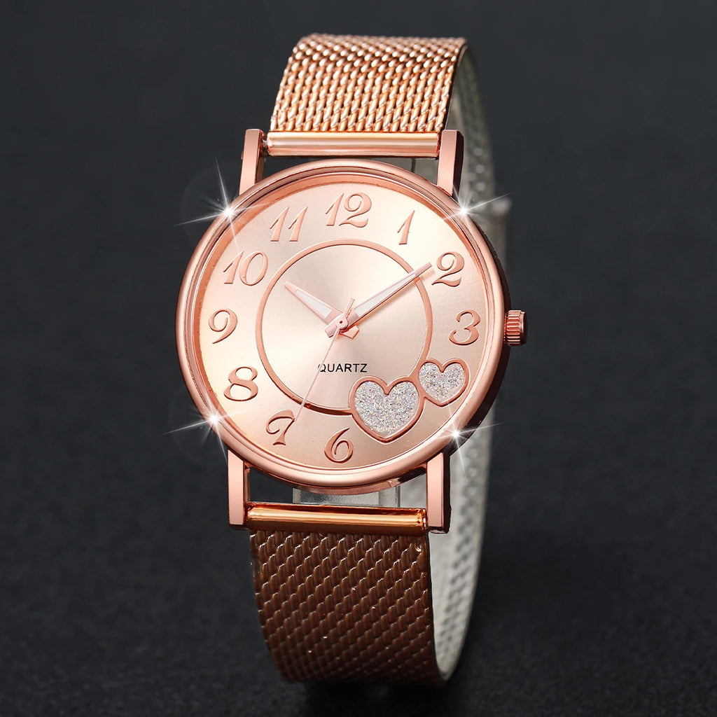Fake mesh quartz watch for women, casual and fashionable, heart-shaped, male and female students, high-end sense watch Qme
