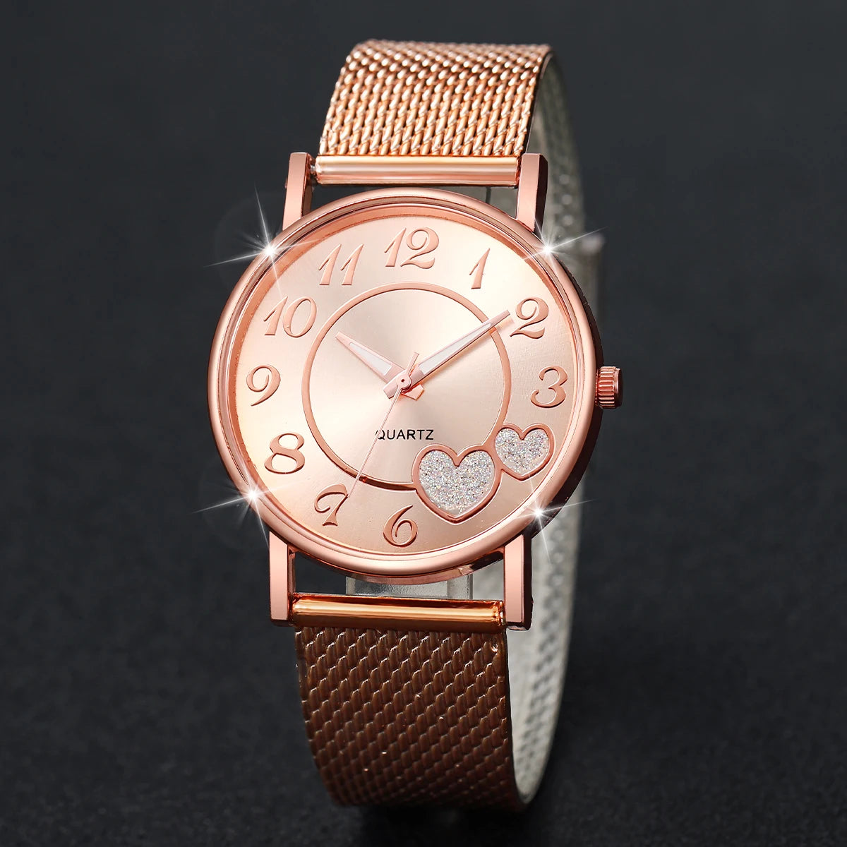 Fake mesh quartz watch for women, casual and fashionable, heart-shaped, male and female students, high-end sense watch Qme