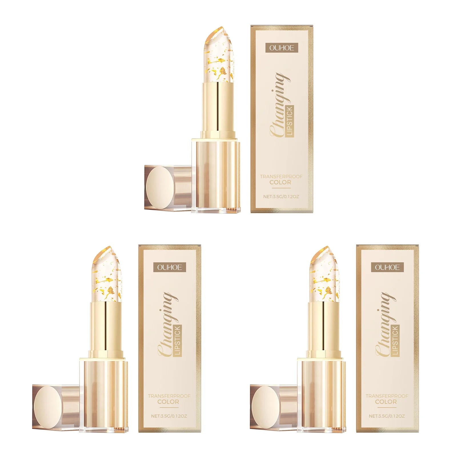 Gold Foil Color Changing Lip Balm Glossy Non-Sticky Nourishing Moisturizing Lasting Transferproof Color Changing Lipstick Qme 3Pcs