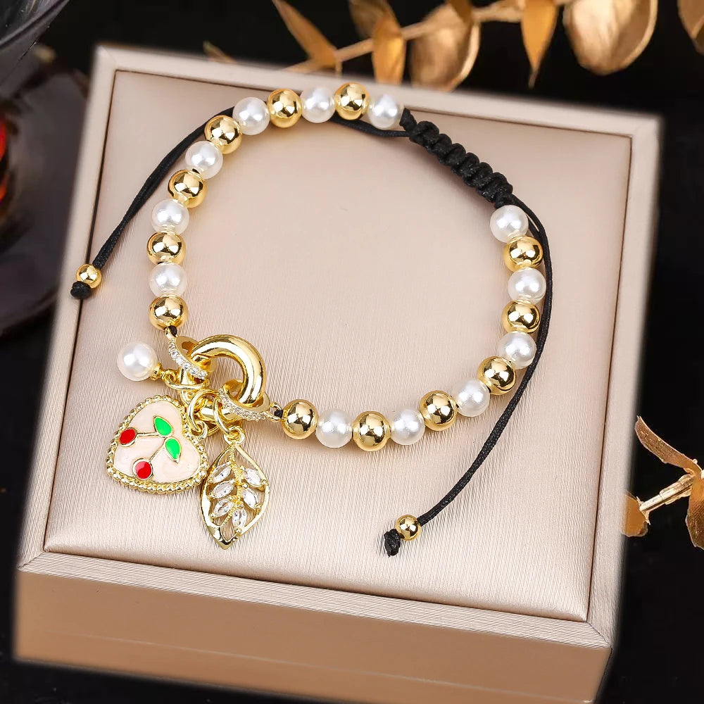 High Quality Pearl Chain Braided Crystal Cherry Adjustable Rope Bracelet Charming For Woman Girl Party Jewelry Gift Daily Wear Qme F