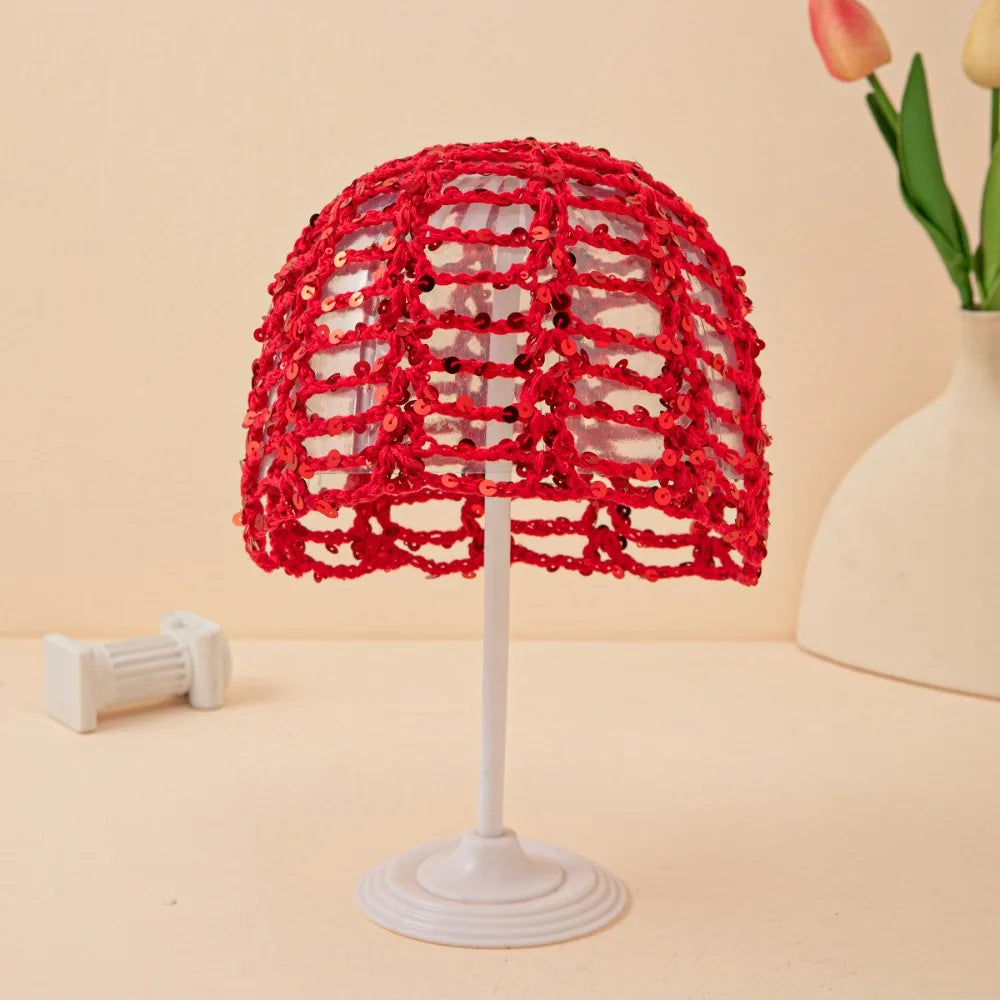 Retro Elegant Hollowed Out Knitted Hat Thin Solid Crochet Sequined Qme Red