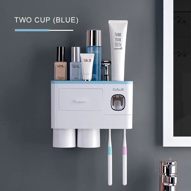 Magnetic Adsorption Inverted Toothbrush Holder Automatic Toothpaste Dispenser With Cup Toothpaste Bathroom Accessories Set Qme CF048-7
