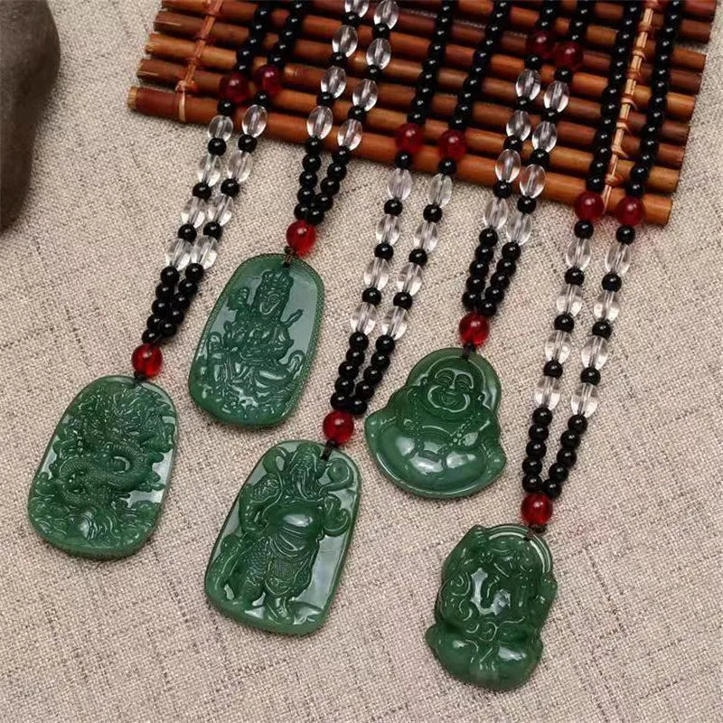 New Retro Buddha Imitation Green Jade Pendant Necklace Ethnic Religion Sweater Necklace Accessories Wholesale Qme