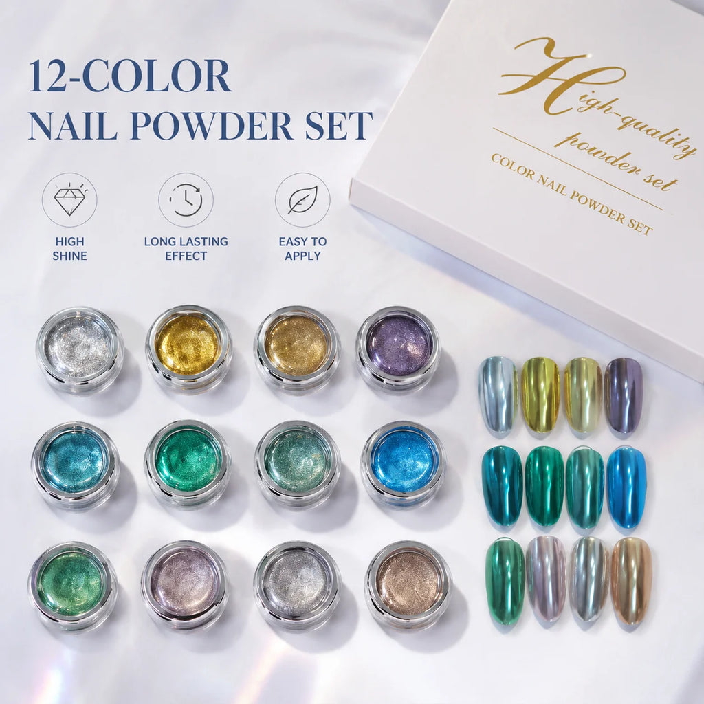 12-color Green Nail Polish Mirror Powder Includes Chart Storage Box Qme