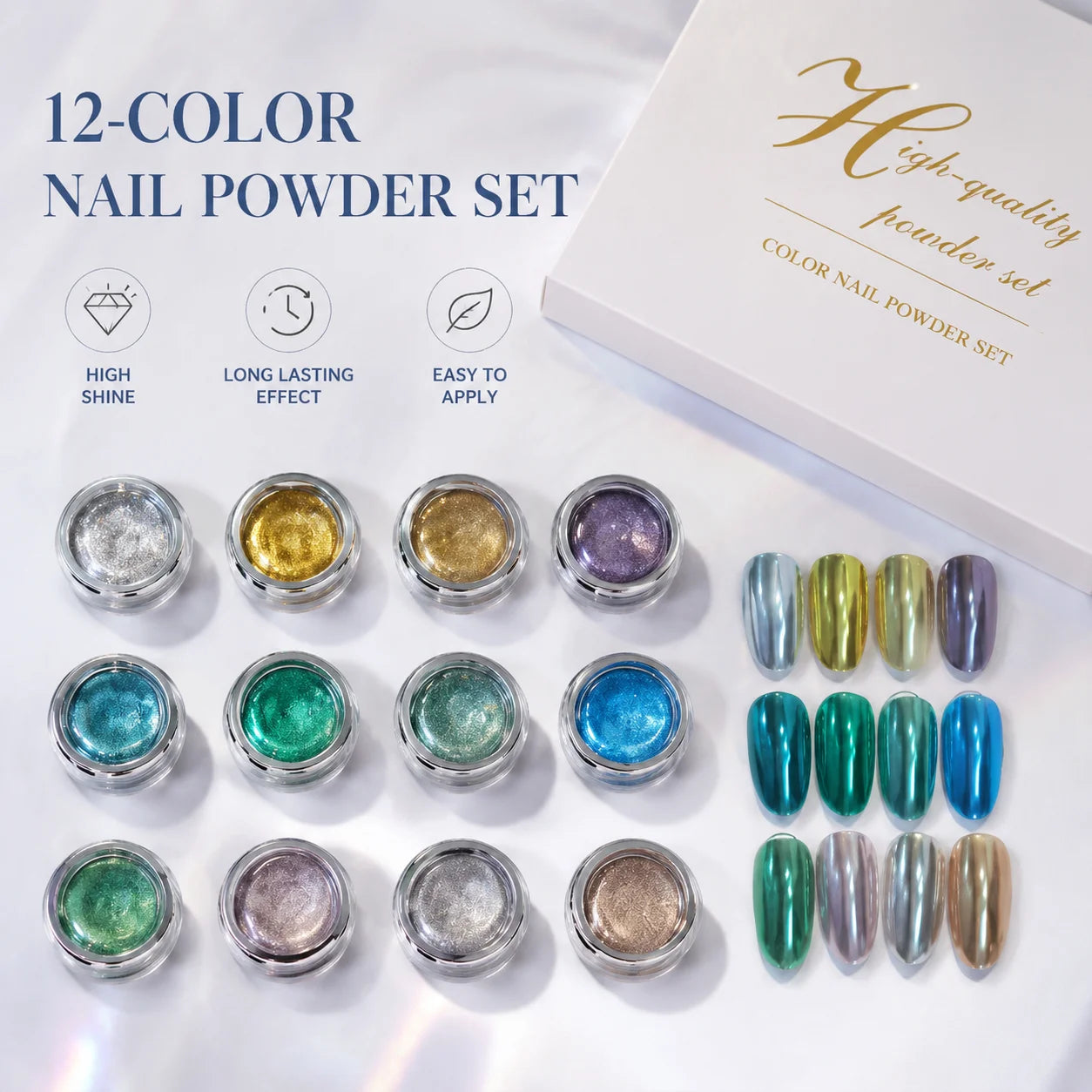 12-color Green Nail Polish Mirror Powder Includes Chart Storage Box Qme