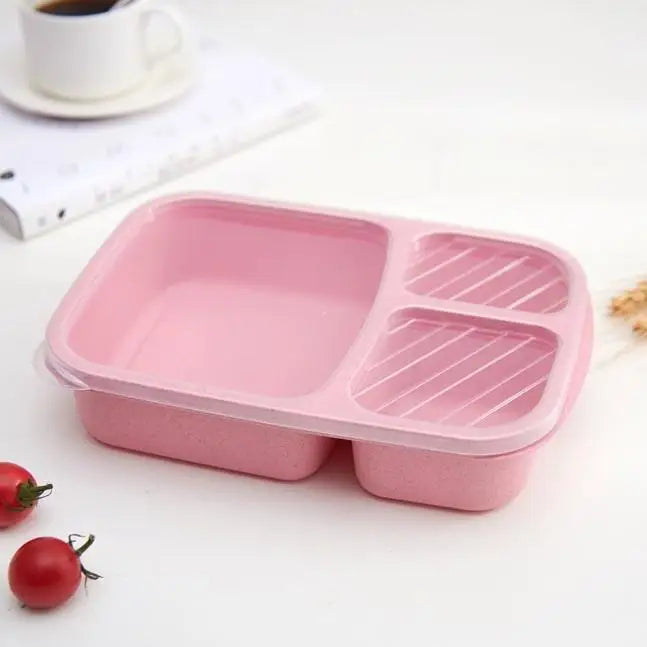 Portable Lunch Wheat Straw Box Single Layer 3 Grid Lid Microwave Food Qme Pink 1Pcs