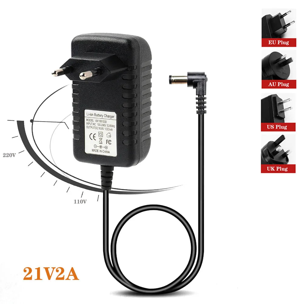 4.2V 8.4V 12.6V 16.8V 21V 25.2V 29.4V 1A 2A 3A 18650 Lithium Battery Charger for Lithium Battery Pack 90 Degree Elbow Qme 21V2A EU PLUG