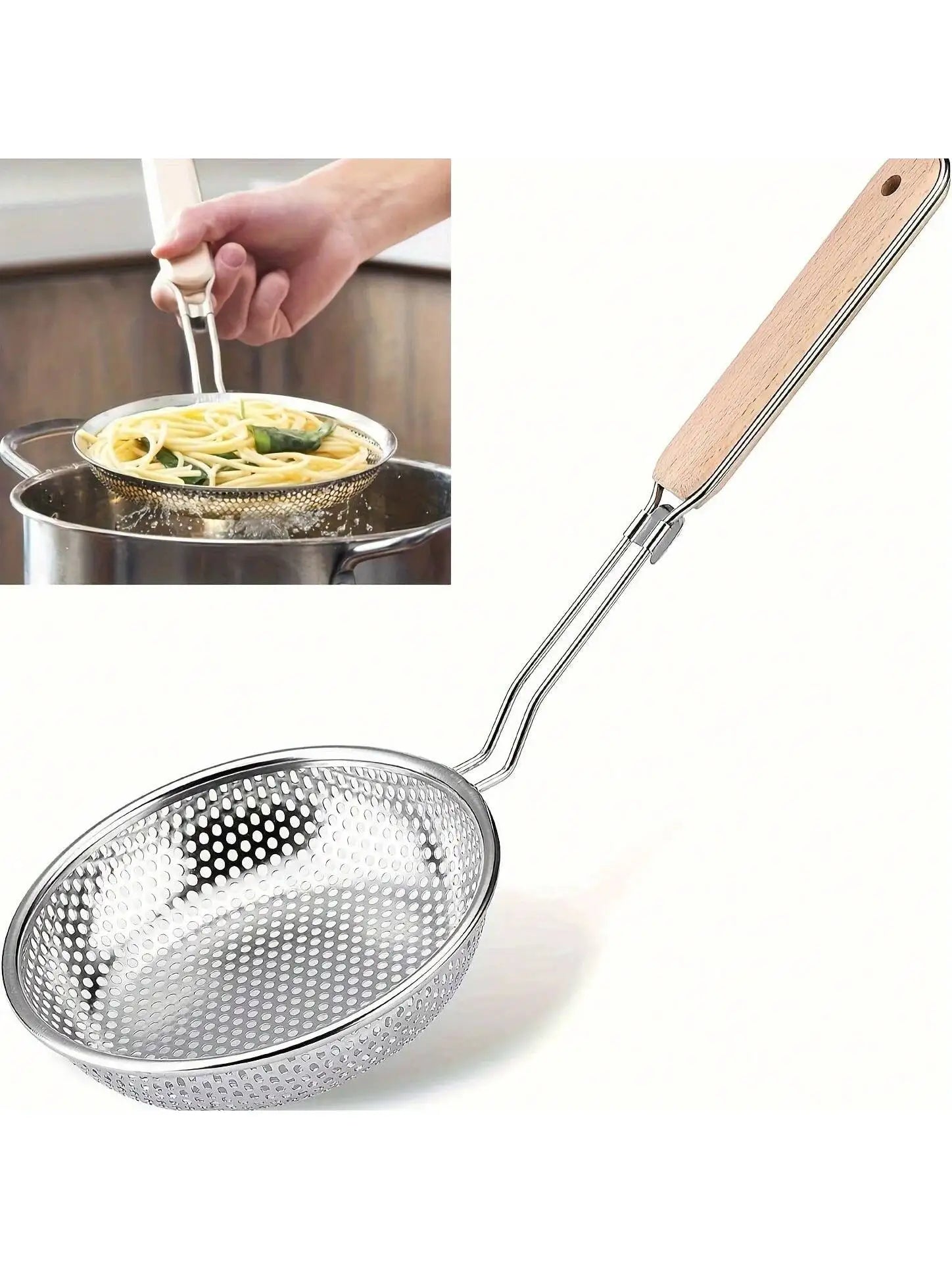 Stainless Steel Colander Wooden Handle Fine Mesh Skimmer Spoon Qme