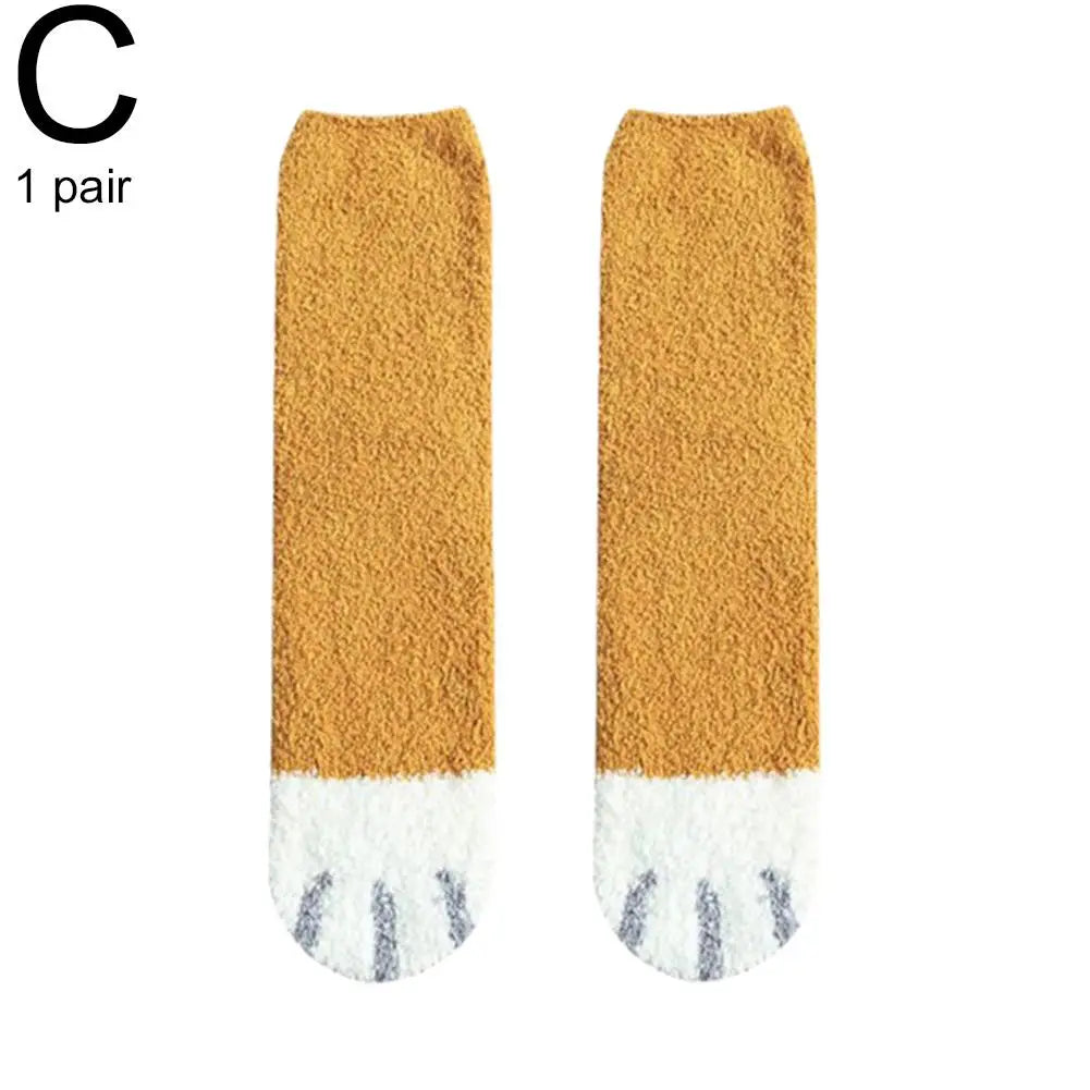 Women Winter Warm Fluffy Socks Cute Animal Claw Cat Paw Footprint Fuzzy Socks Female Thick Coral Fleece Home Floor Sleep Socks Qme C