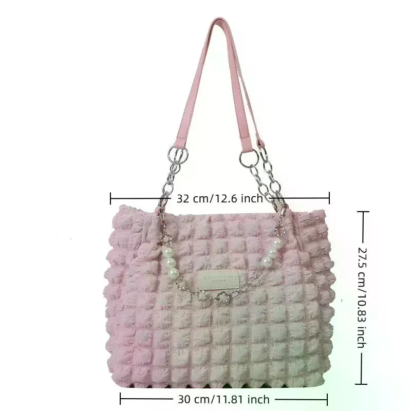 Bubble Textured Tote Bag Pearl Chain Decoration Large Capacity For Shopping Dating Office Commute Qme