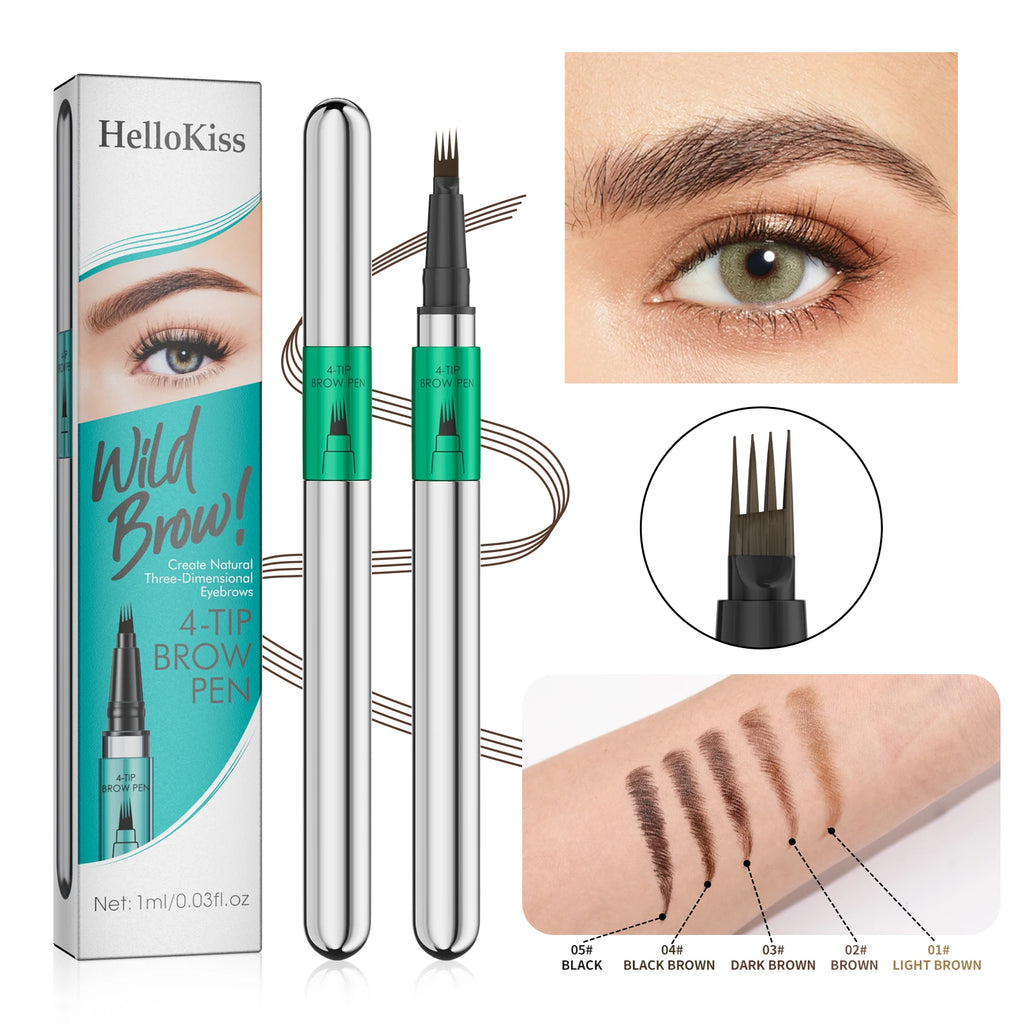 Hellokiss Waterproof Eyebrow Pen, Microblading Eyebrow Pencil With 4 Split Head, Natural Looking Brows Makeup ( 5 Colors) Qme