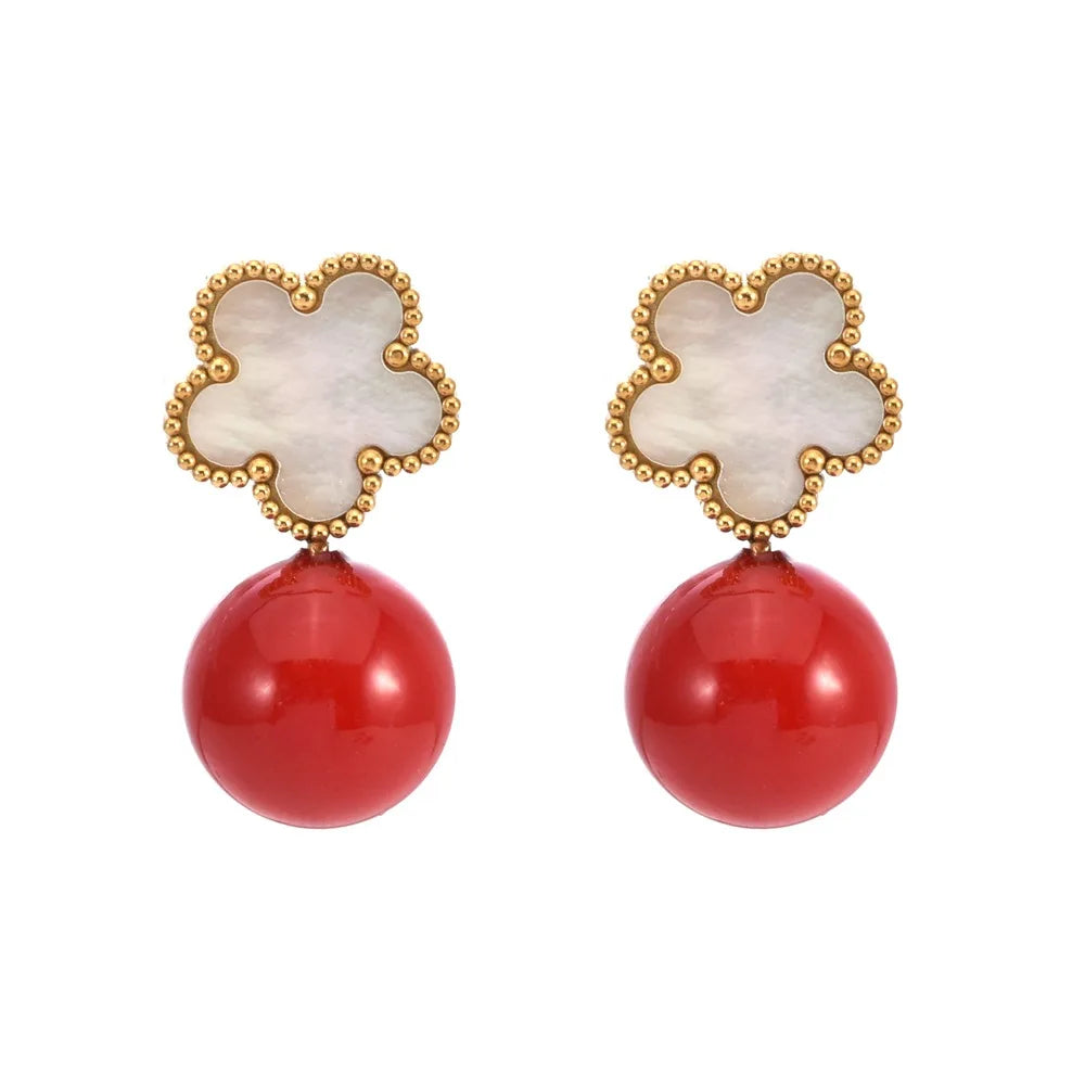 Stainless Steel Plum Blossom Flower Five Leaf Flower Pearl Drop Earrings Fashion for Women Party Jewelry Clover Daily Wear Qme 3
