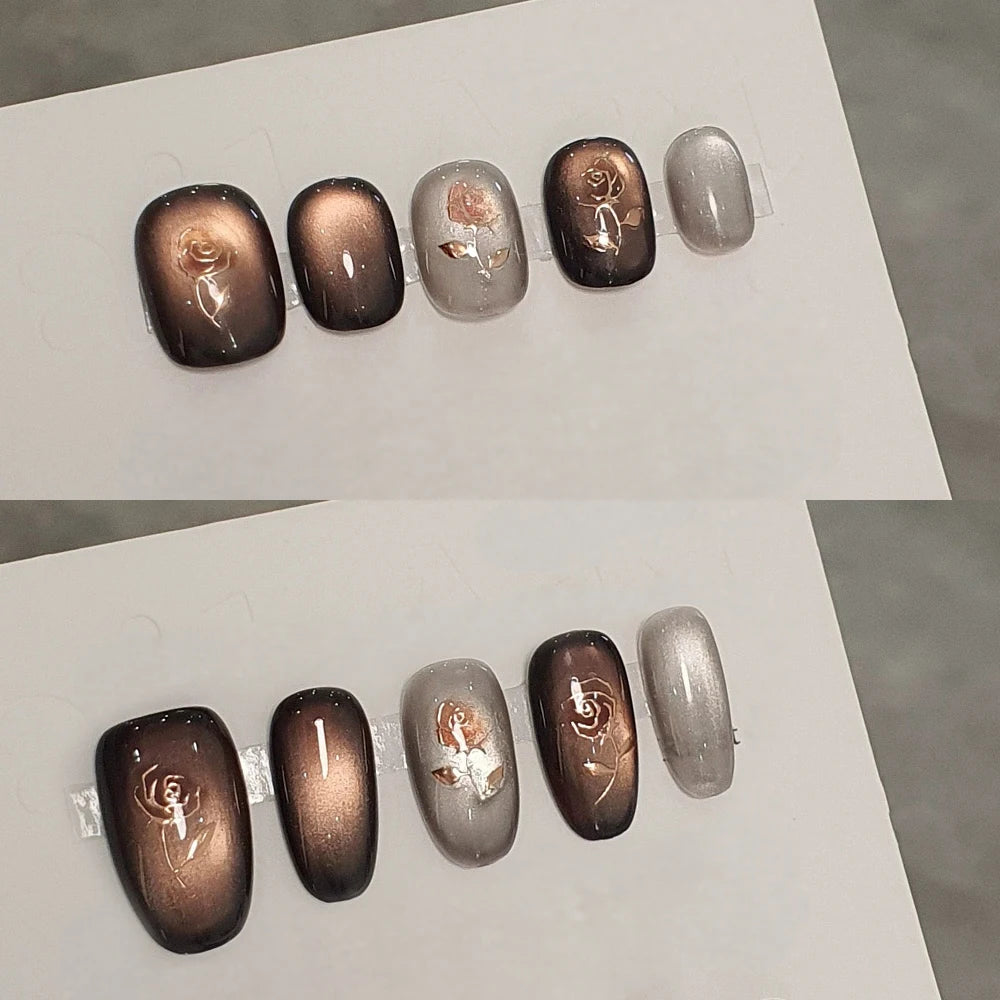 Handmade Press Nails Autumn Retro Black Gold Rose Glass Cat's Eye Qme