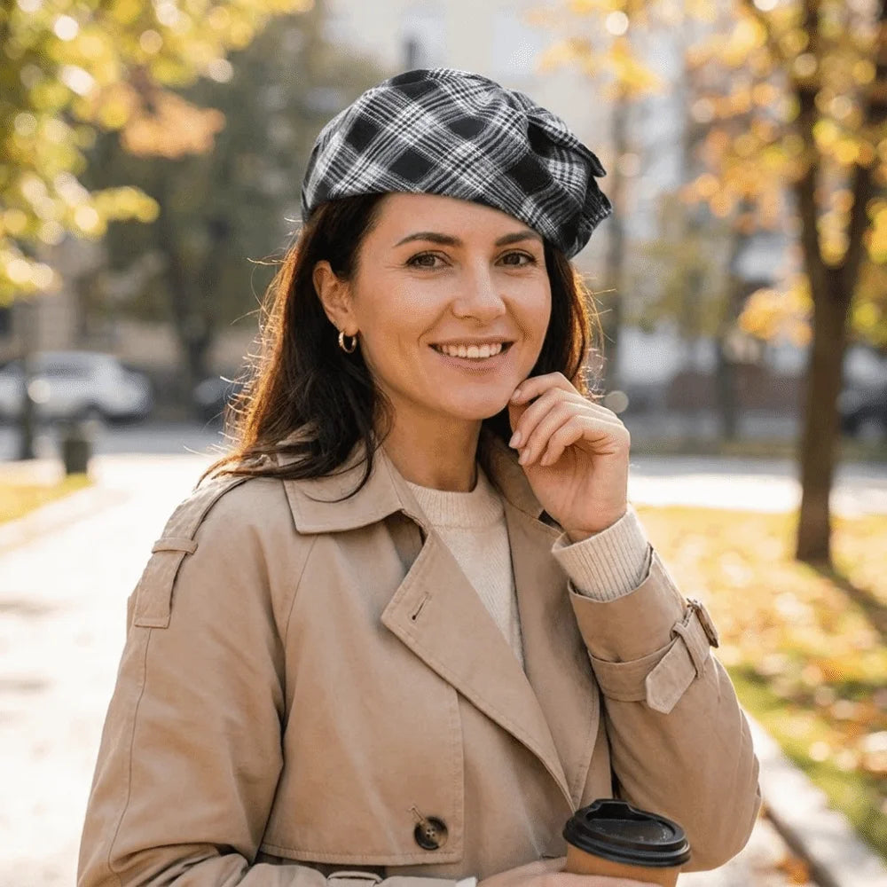 Retro Vintage Half-cap Headband Elegant Checkered Bowknot Headwear Qme