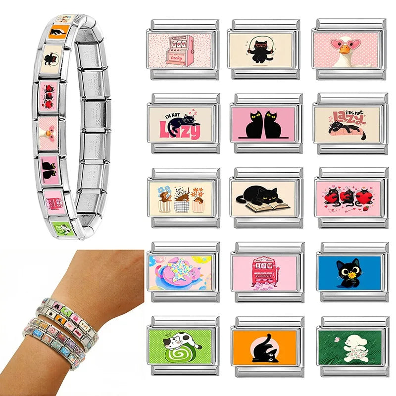 Romantic Cute Cats Hug Red Hearts Dog Duck Animal Series Italian Charm Links Fit 9mm Stainless Steel Bracelet Jewelry DIY Making Qme